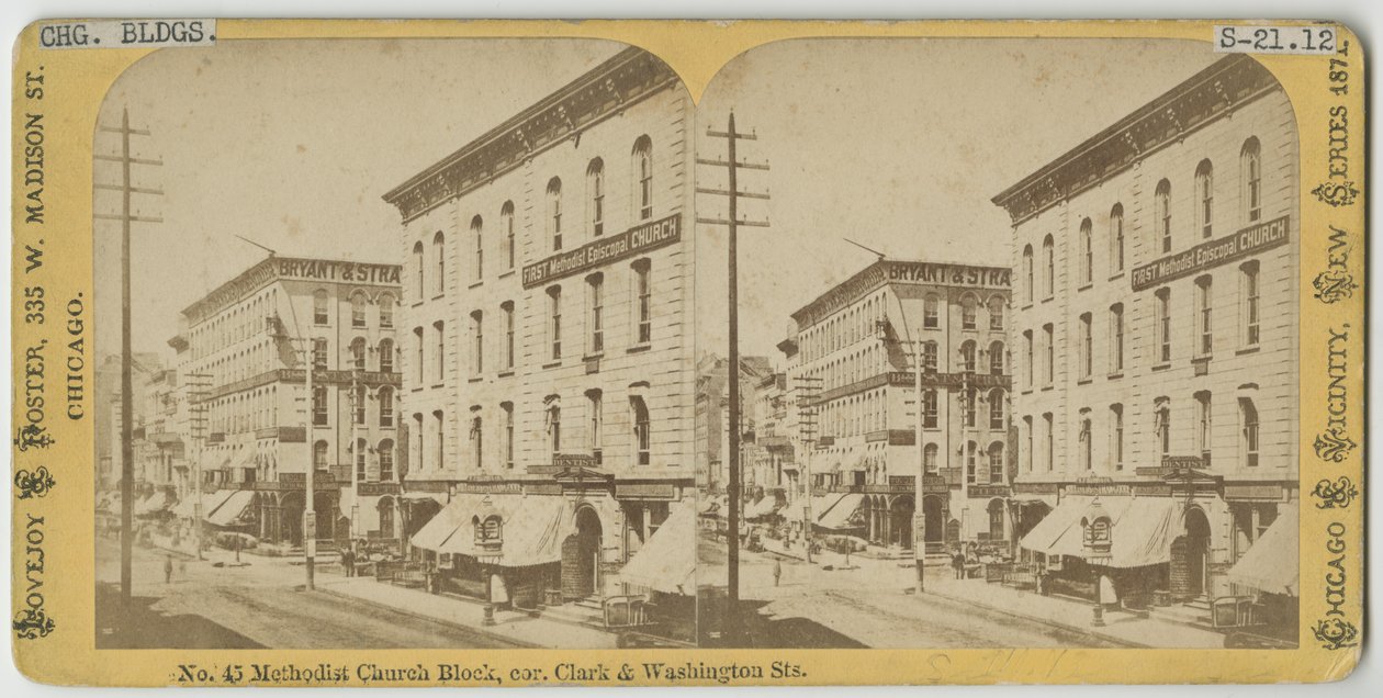 Stereograf af visning af Methodist Church Block på hjørnet af Clark og Washington Streets, Chicago, 1871 (bw foto på kortholder) af American Photographer