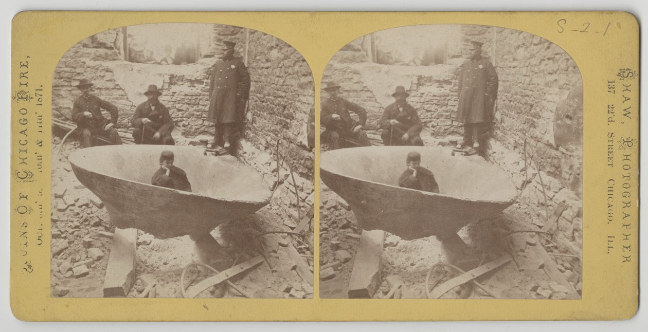 Stereografisk visning af retsbygningens klokke efter Chicago-branden i 1871 af American Photographer