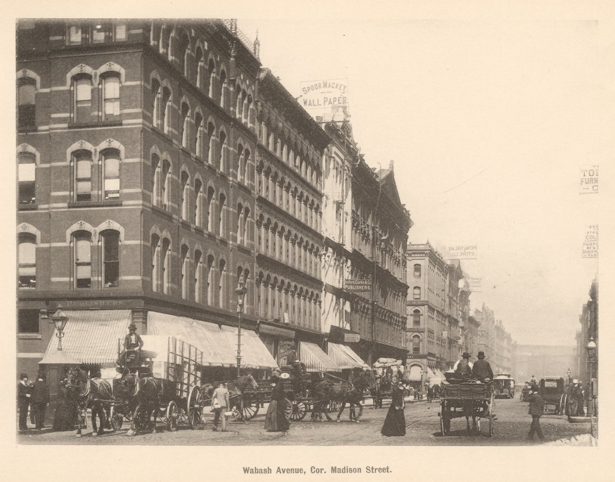 Udsigt over hjørnet af Wabash Ave. og Madison St., Chicago, 1889 af American Photographer