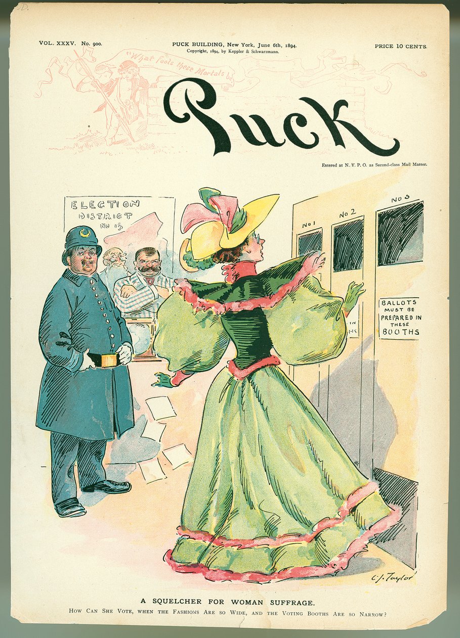A Squelcher for Woman Suffrage, Puck magazine forsideillustration, 6. juni 1894 af American School