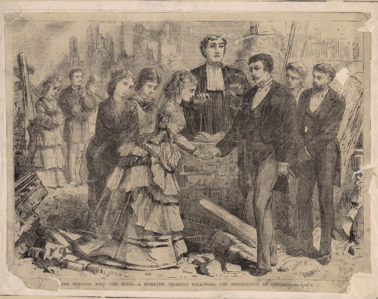 A Wedding Amid the Ruins - En romantisk hændelse efter ødelæggelsen af Chicago, illustration fra Harpers Weekly, 1871 af American School