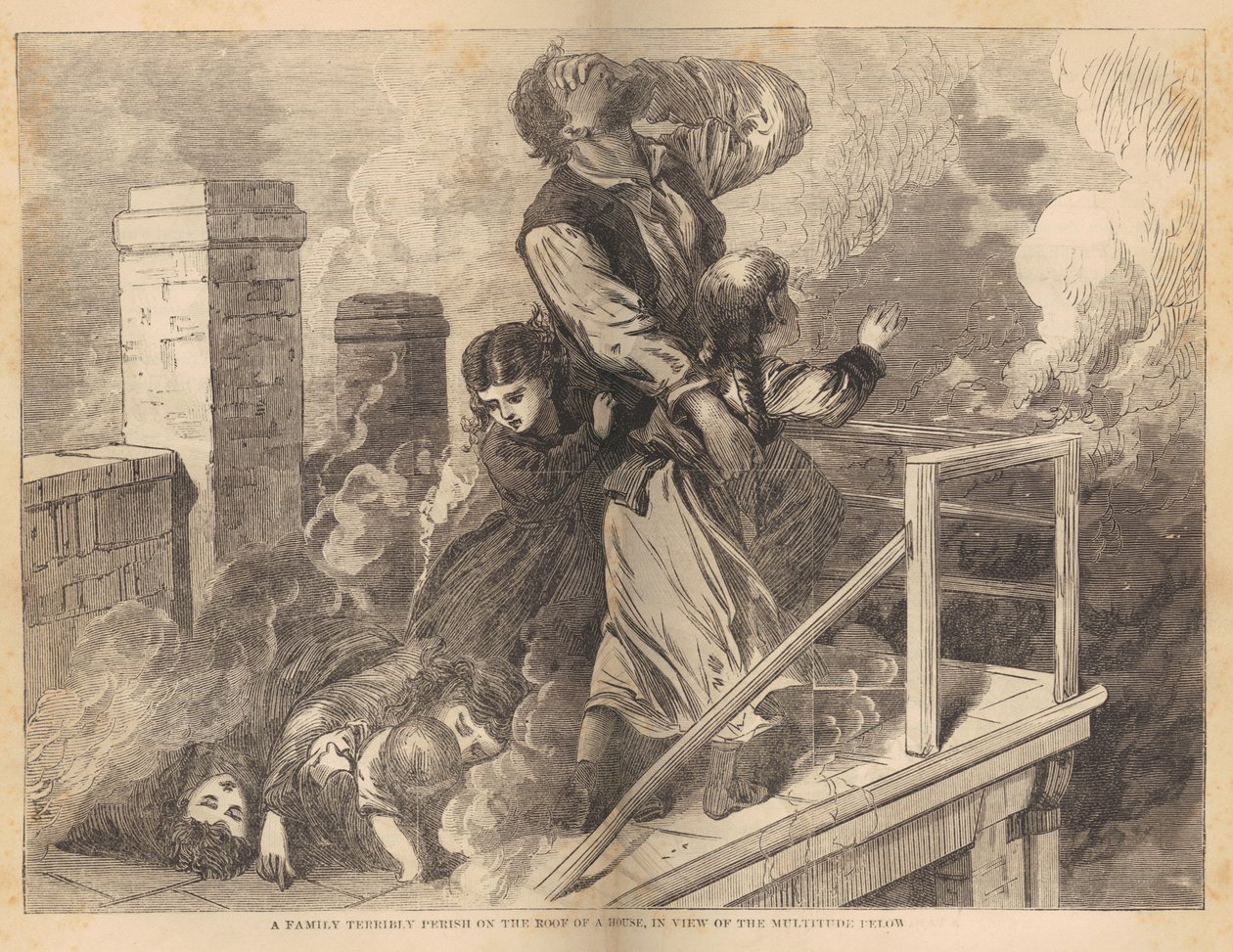 En familie fanget på taget af et hus under Chicago-branden i 1871, fra Great Fires i Chicago og Vesten af pastor E. J. Goodspeed, ca. 1871 (trægravering) af American School