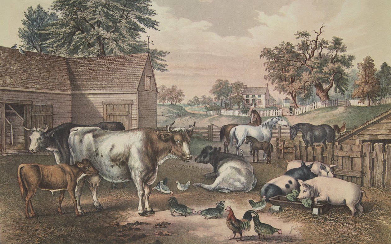 Amerikansk gårdsplads - aften, pub. 1857, Currier & Ives af American School