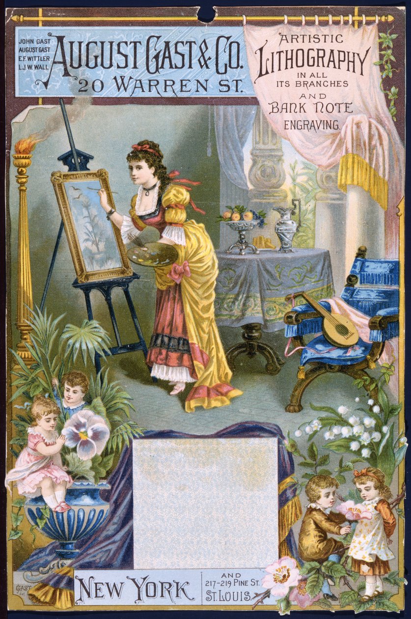 August Gast & Co., kunstnerisk litografi og seddelgravering (farve litho [varekort]) af American School
