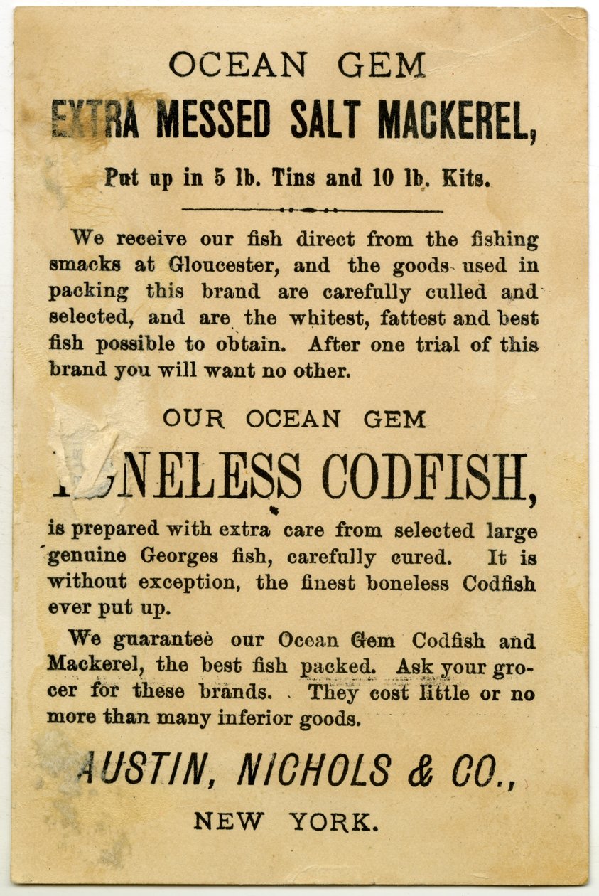 Austin, Nichols & Co. Ocean Gem Makrel, byttekort verso. (litografi [varekort]) af American School