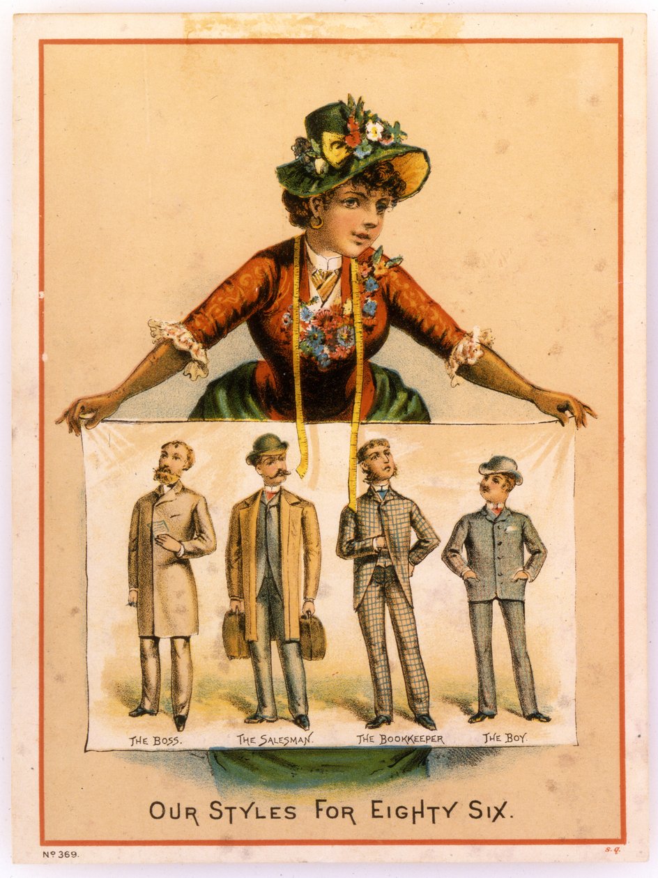 B. Rydill, Our Styles for Eighty Six: The Boss, The Salesman, The Bookkeeper, The Boy, 1886 (litografi [varekort]) af American School