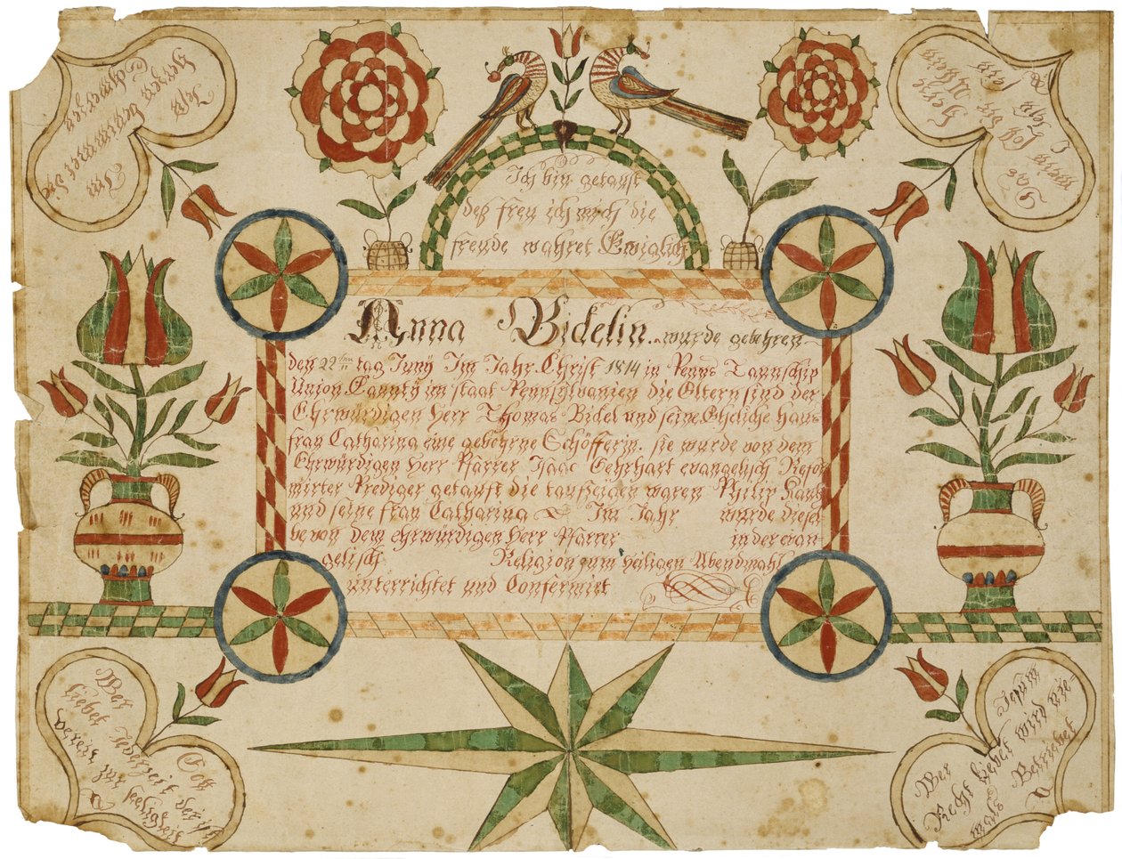 Fødselsattest, ca. 1820-1830 (blæk og akvarel på vævet papir) af American School