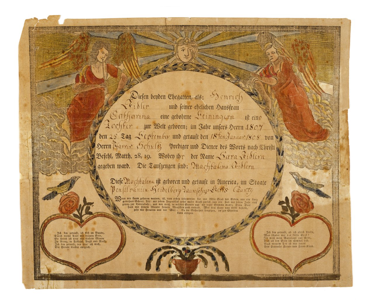 Fødsels- og dåbsattest, ca. 1815 (håndkoloreret træsnit på bindet papir) af American School