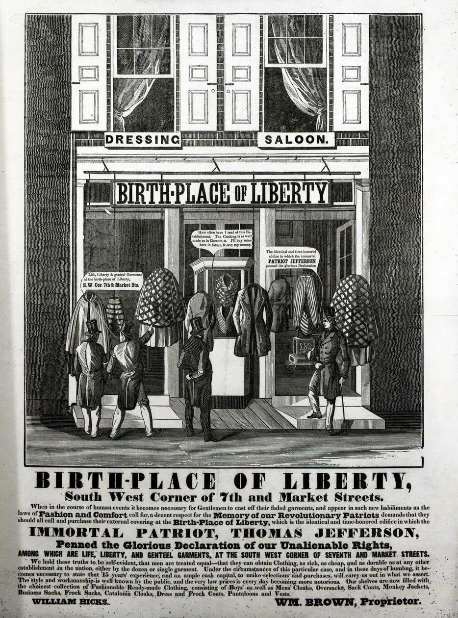 Birth-Place of Liberty Dressing Saloon, South West Corner of 7th and Market Streets... hvor den udødelige patriot, Thomas Jefferson, skrev den herlige erklæring om vores umistelige rettigheder..., ( af American School