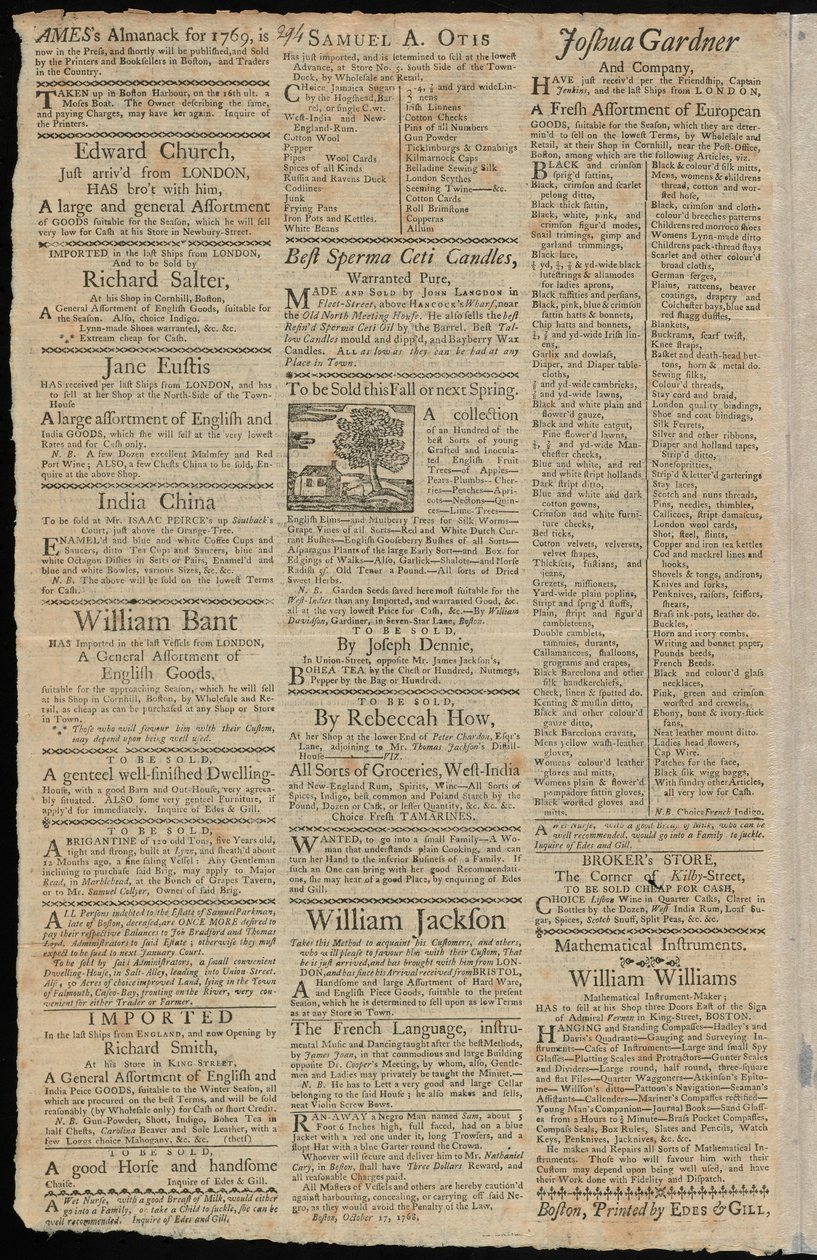 Boston-annoncer for varer, der er underlagt importafgifter og handelsrestriktioner, fra Boston Gazette and Country Journal, 7. november 1768 af American School