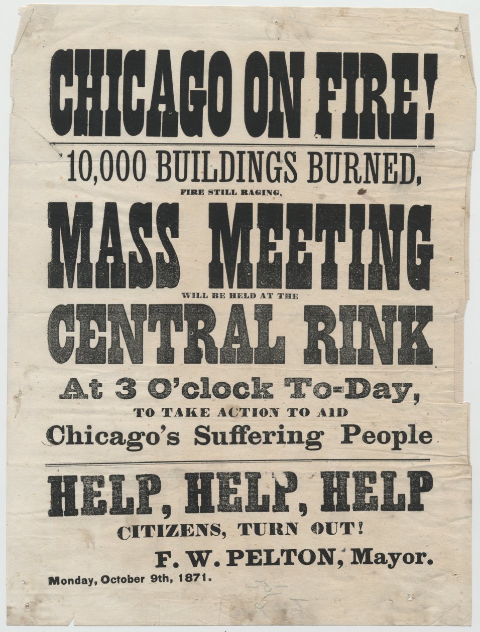 Bredside-reklamemøde i Cleveland, Ohio, for at hjælpe ofrene for Chicago-branden i 1871, 1871 af American School