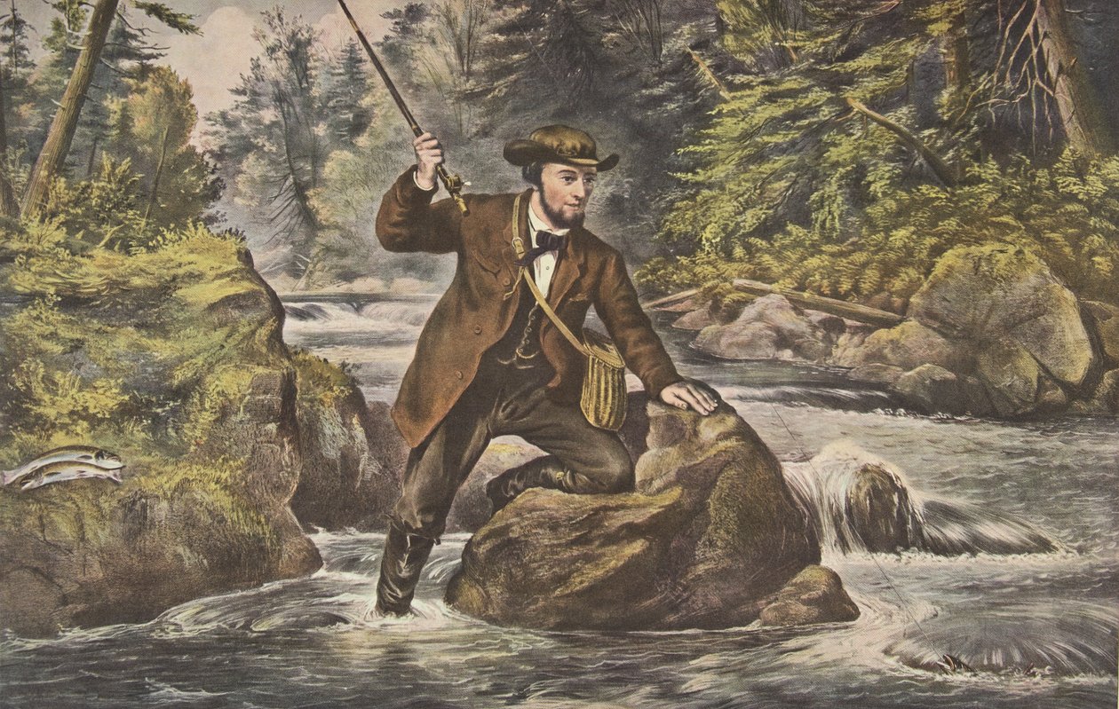 Fiskeri efter bækørred, pub. 1862, Currier & Ives af American School