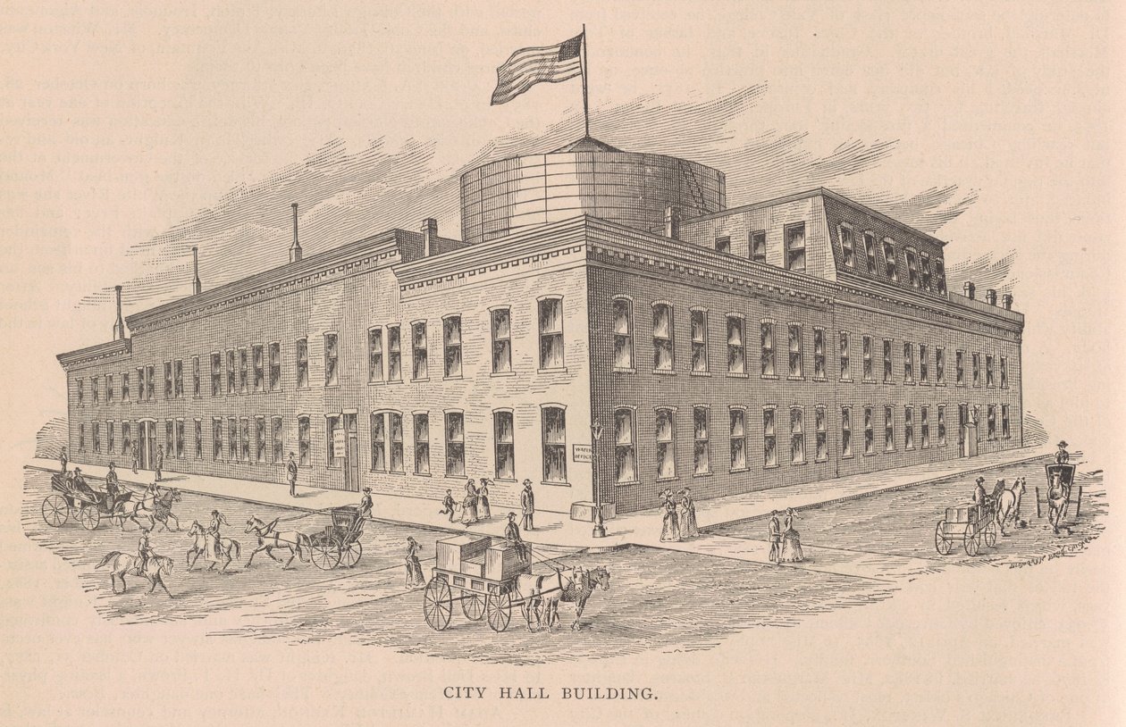 Rådhusbygning, illustration fra History of Chicago vol. 2 af Alfred Theodore Andreas, udgivet 1885 af American School