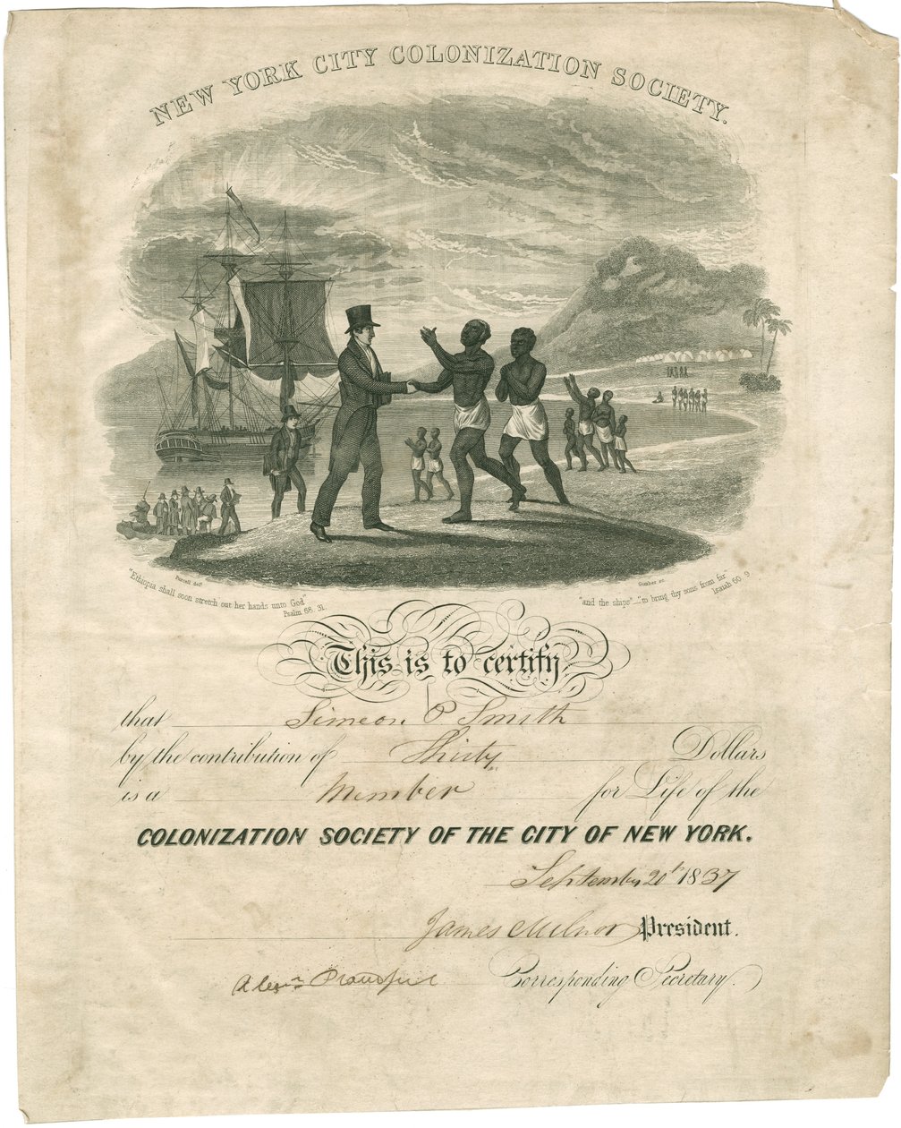Koloniseringsselskabets certifikat for Simeon P. Smith, 1837 af American School
