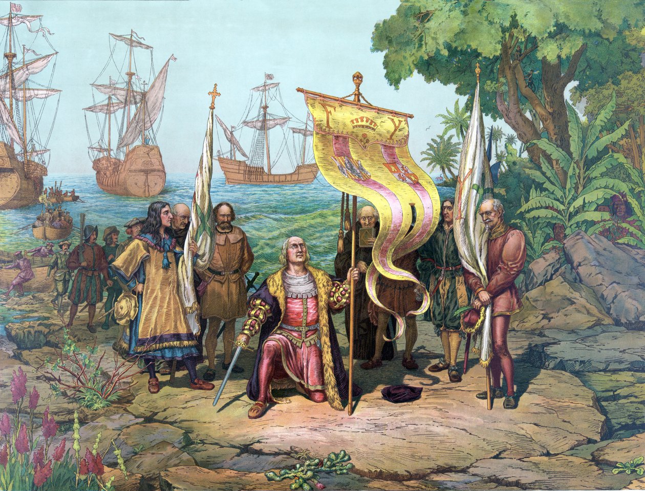 Columbus tager det nye land i besiddelse, pub. 1893 (farvelitografi) af American School