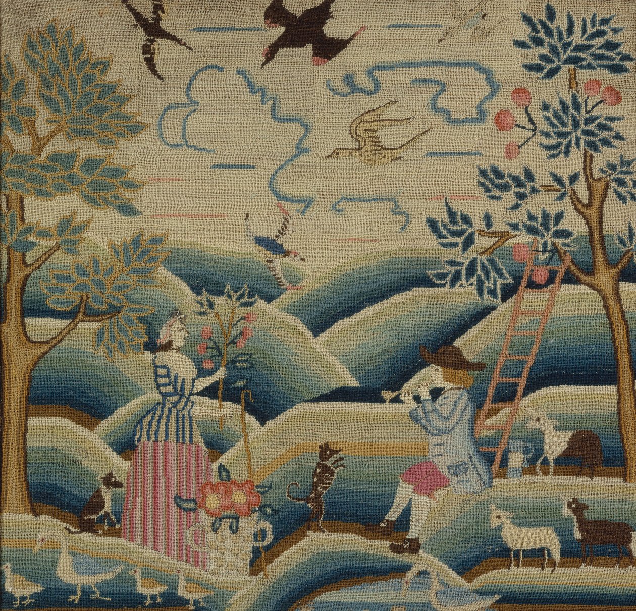 Broderet billede, ca.1740 (hør, uld og silke) af American School
