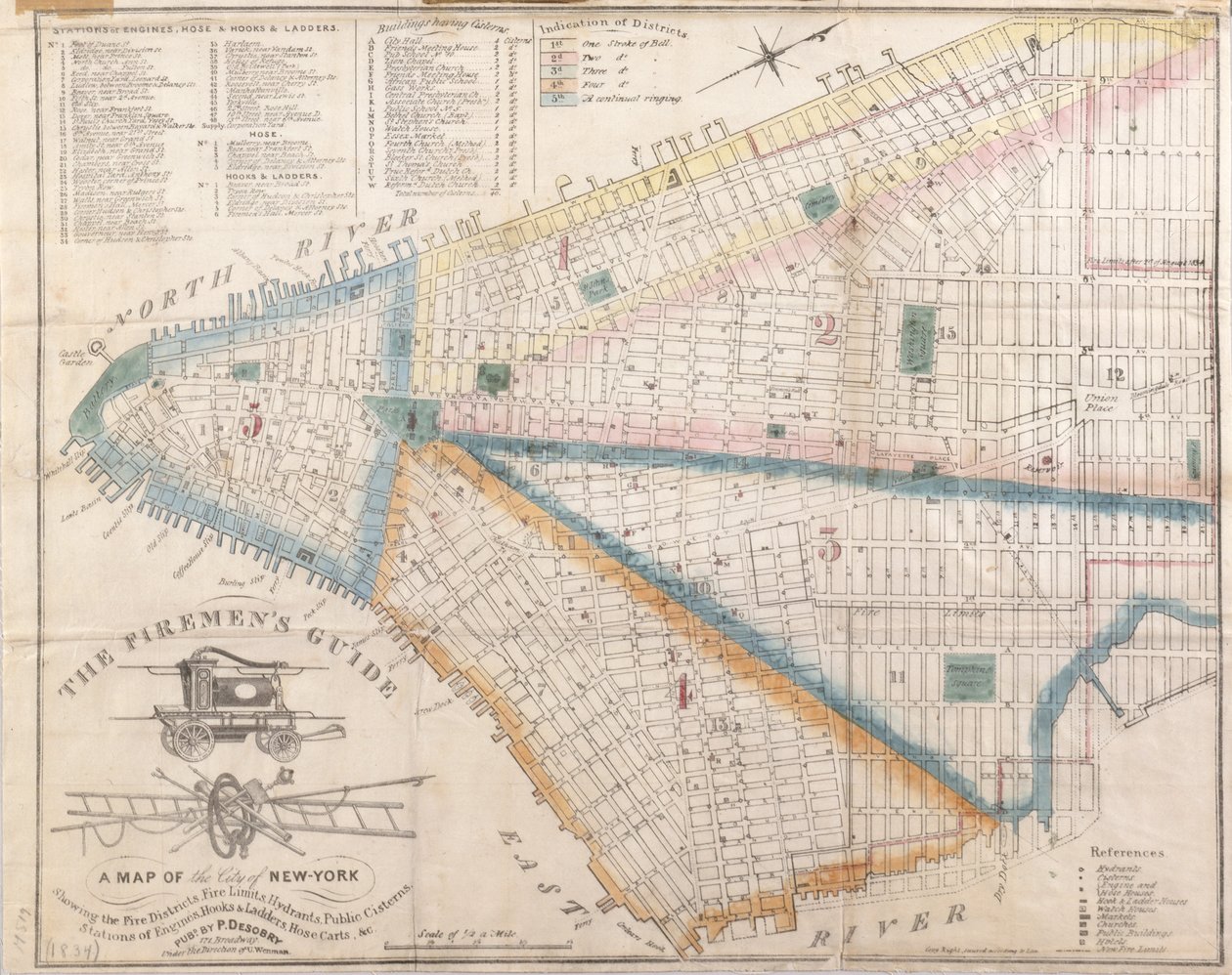 Firemans Guide - A Map of New York Showing Fire Districts, 1834 (sort blæk med tilføjelser til farvevask på papir) af American School