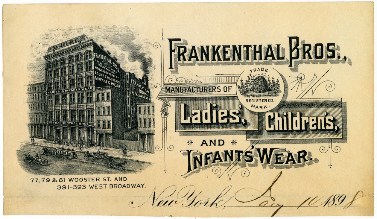 Frankenthal Bros., fabrikanter af dame-, børne- og spædbørnstøj [fagkort], 1898 af American School