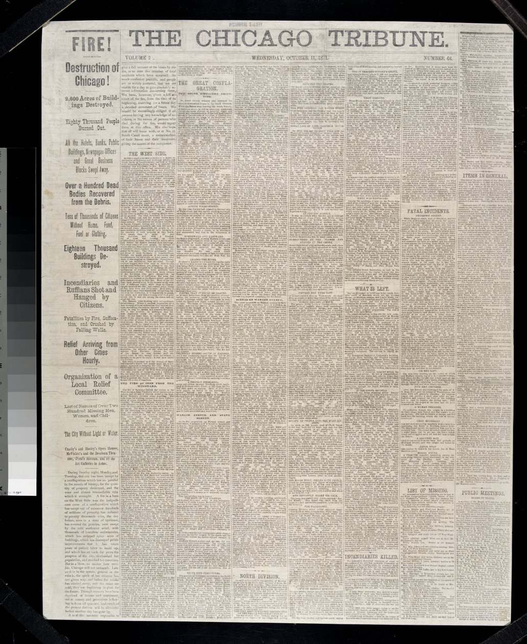 Forsiden af Chicago Tribune vedrørende Chicago-branden i 1871, 1871 af American School