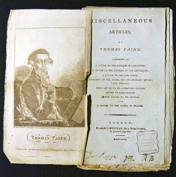 Frontispice til Diverse artikler af Thomas Paine, udgivet i 1791 af American School