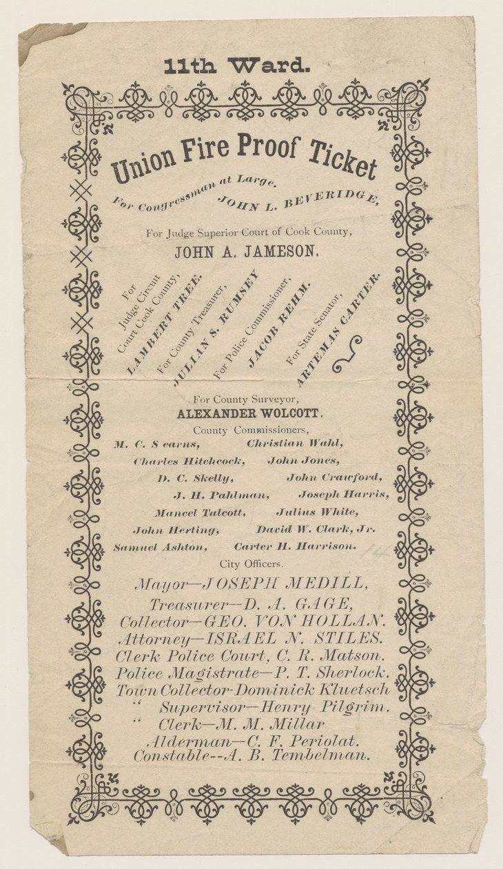 Handbill of the 11th Ward Union Fire Proof Ticket, Chicago, 1871 af American School