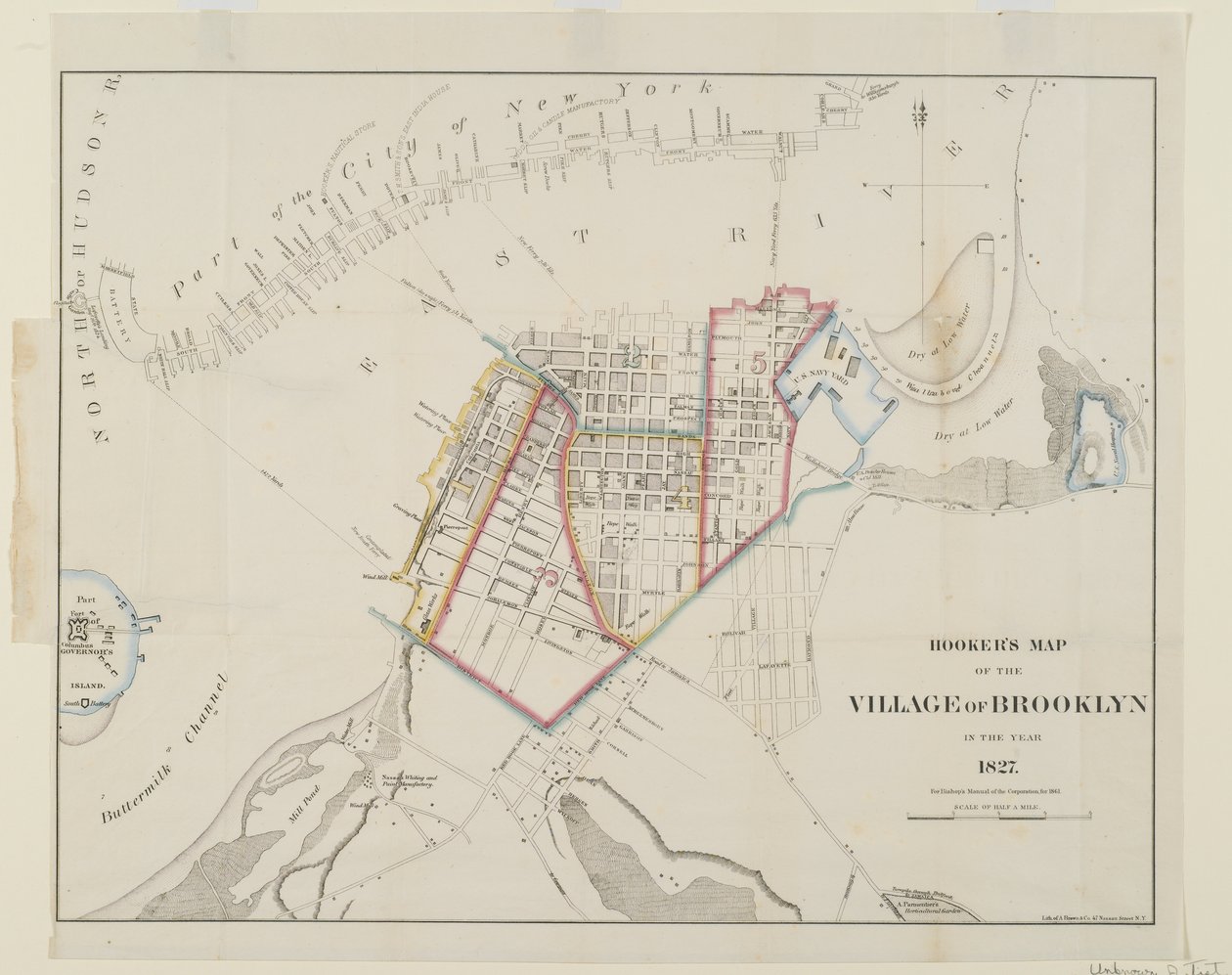 Hookers kort over landsbyen Brooklyn, 1861 (gravering med wc) af American School
