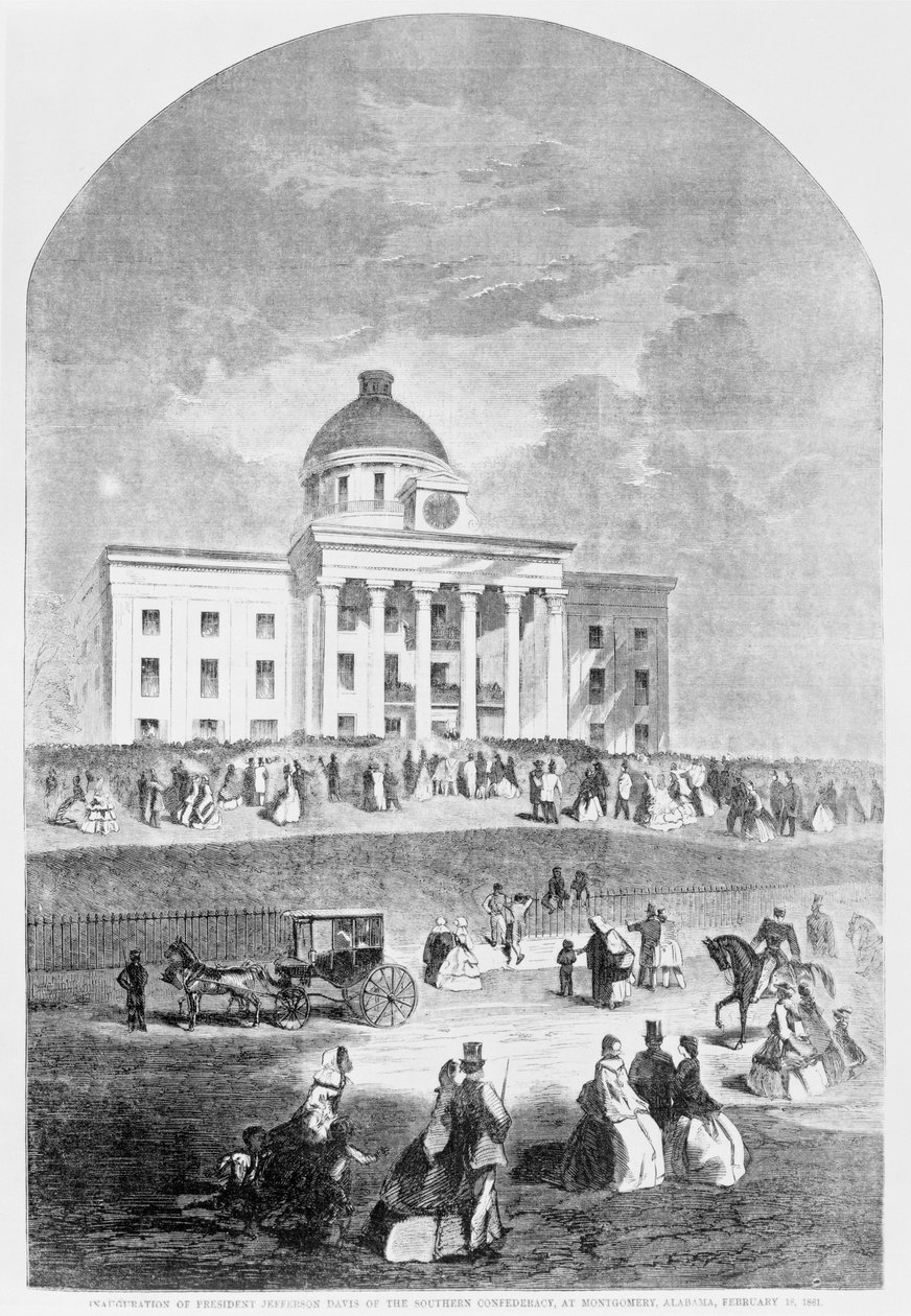 Indsættelse af præsident Jefferson Davis fra Southern Confederacy i Montgomery, Alabama, pub. af Harpers Weekly, 18. februar 1861 af American School