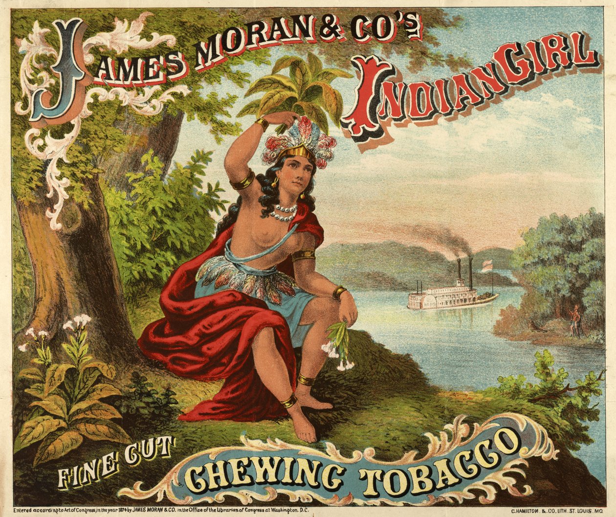 James Moran & Co.s indiske pige, finskåret tyggetobak, pub., ca. 1874 (oolour litho) af American School