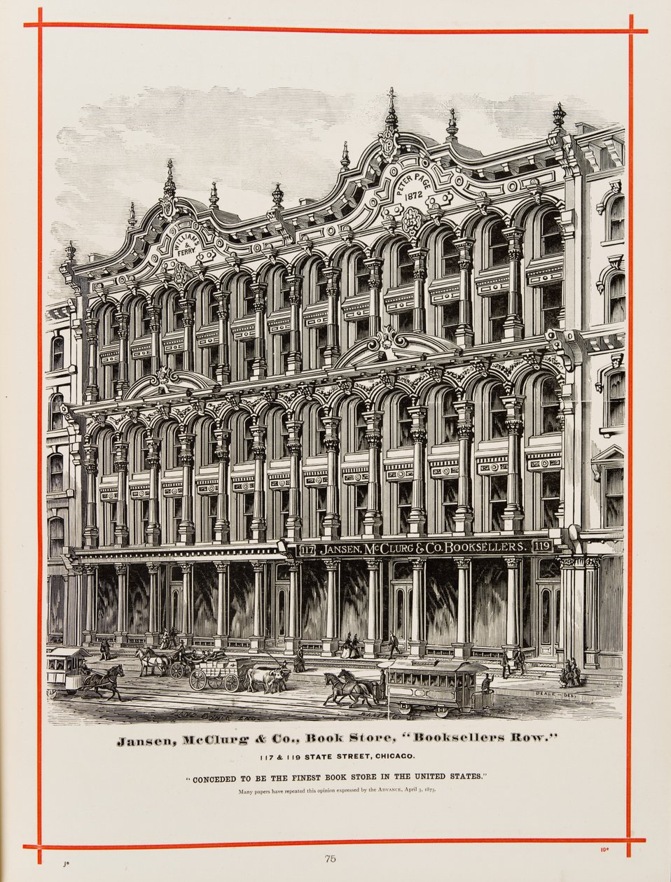 Jansen, McClurg and Company boghandel på 117 og 119 State St., Chicago. Illustration i The Merchants and Manufacturers of Chicago Illustrated, 1873 af American School