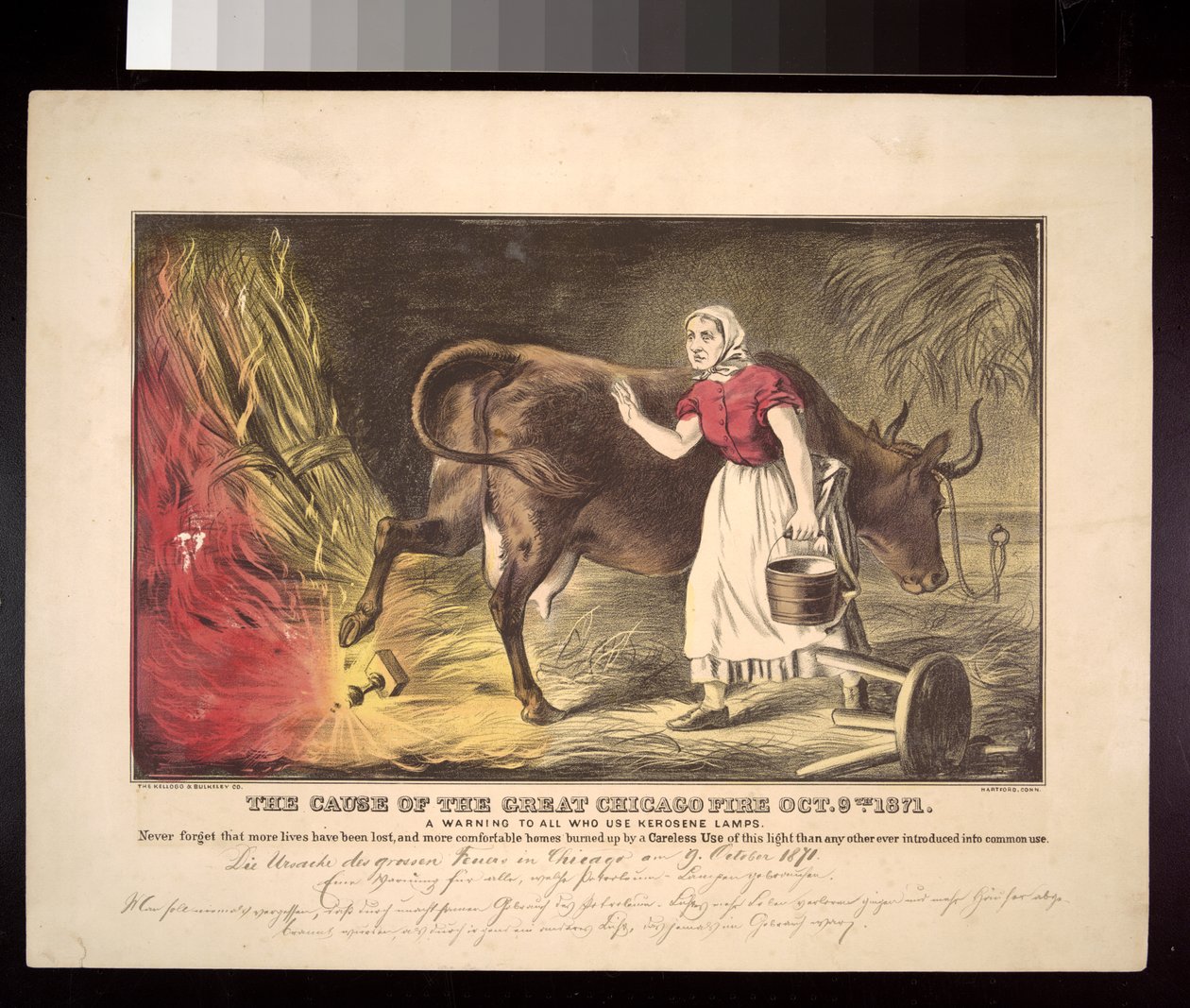 Kate OLeary med sin ko, der vælter en lanterne, den mytiske start på Chicago-branden i 1871, ca. 1872 af American School