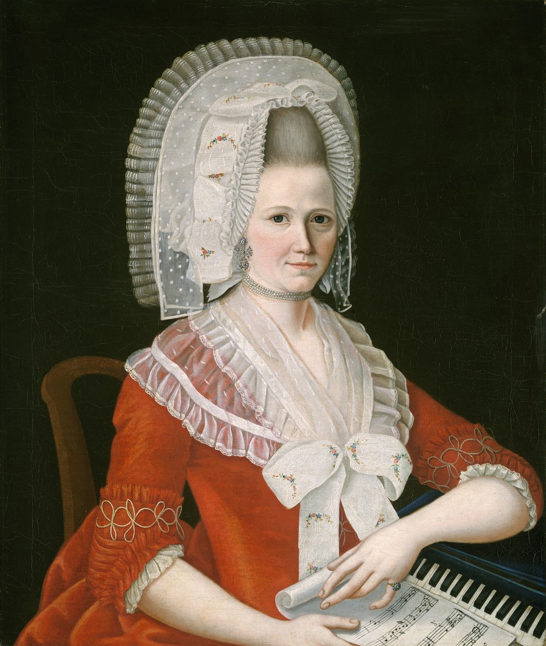 Dame iført en stor hvid kasket, ca. 1780 af American School
