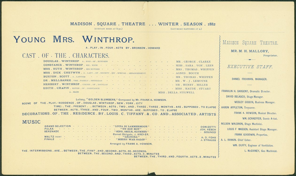 Madison Square Theatre, vintersæsonen 1882-83, program for Young Mrs. Winthrop. [interiør], 1882 af American School