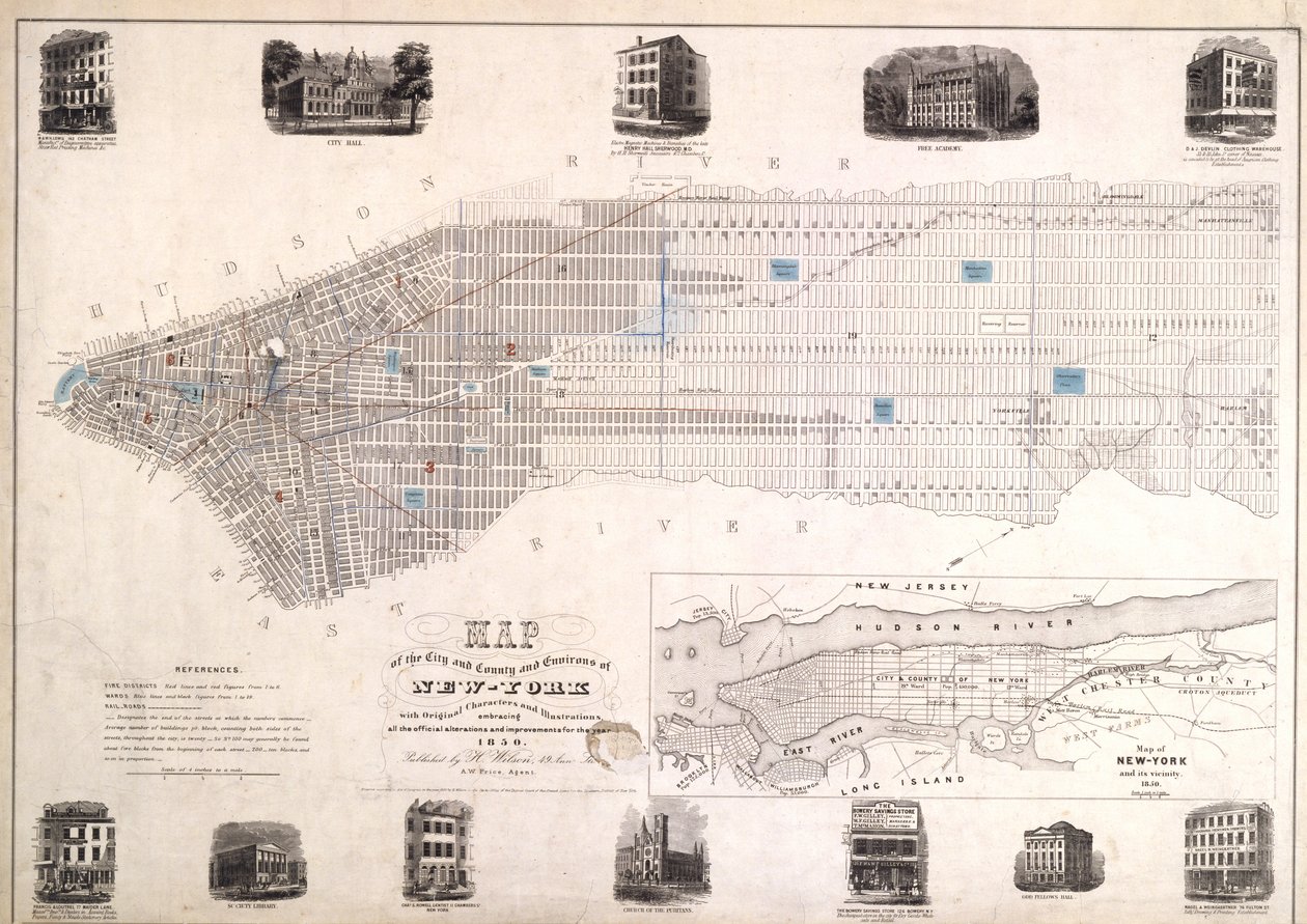 Kort over New Yorks by og amtsområder med originale tegn og illustrationer, 1850, 1850 (sort blæk på papir, bakket med stof) af American School