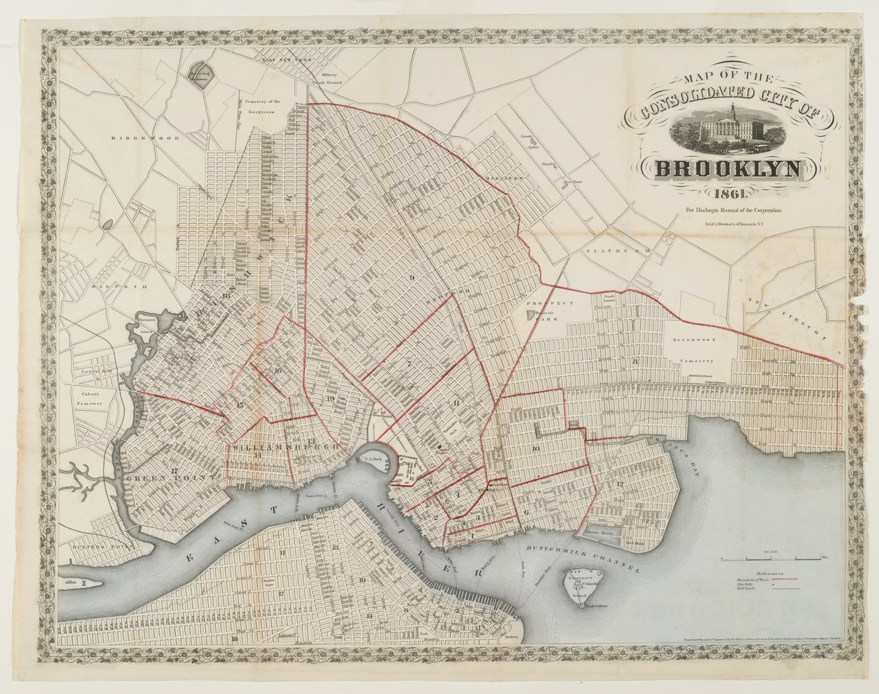 Kort over den konsoliderede by Brooklyn, 1861 (gravering med wc) af American School