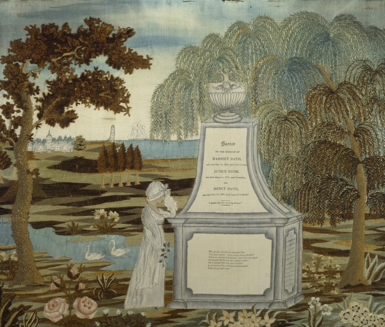 Broderet mindesmærke, dateret 1807, arbejdet 1820-1826 (silke, blæk, papir og akvarel) af American School