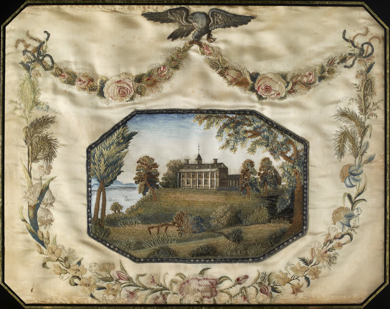 Mount Vernon i Virginia Sædet for afdøde løjt. General George Washington, ca. 1800-1805 (silke, guld og sølv metalliske tråde, med akvarel og spangles) af American School