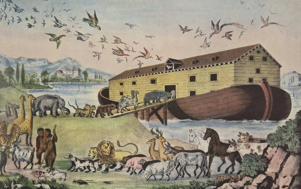 Noas Ark: "Og de gik ind til Noa i arken, to og to af alt kød, hvori der er livets ånde - 1 Mos. VII 15, udg. 1865, Currier & Ives af American School