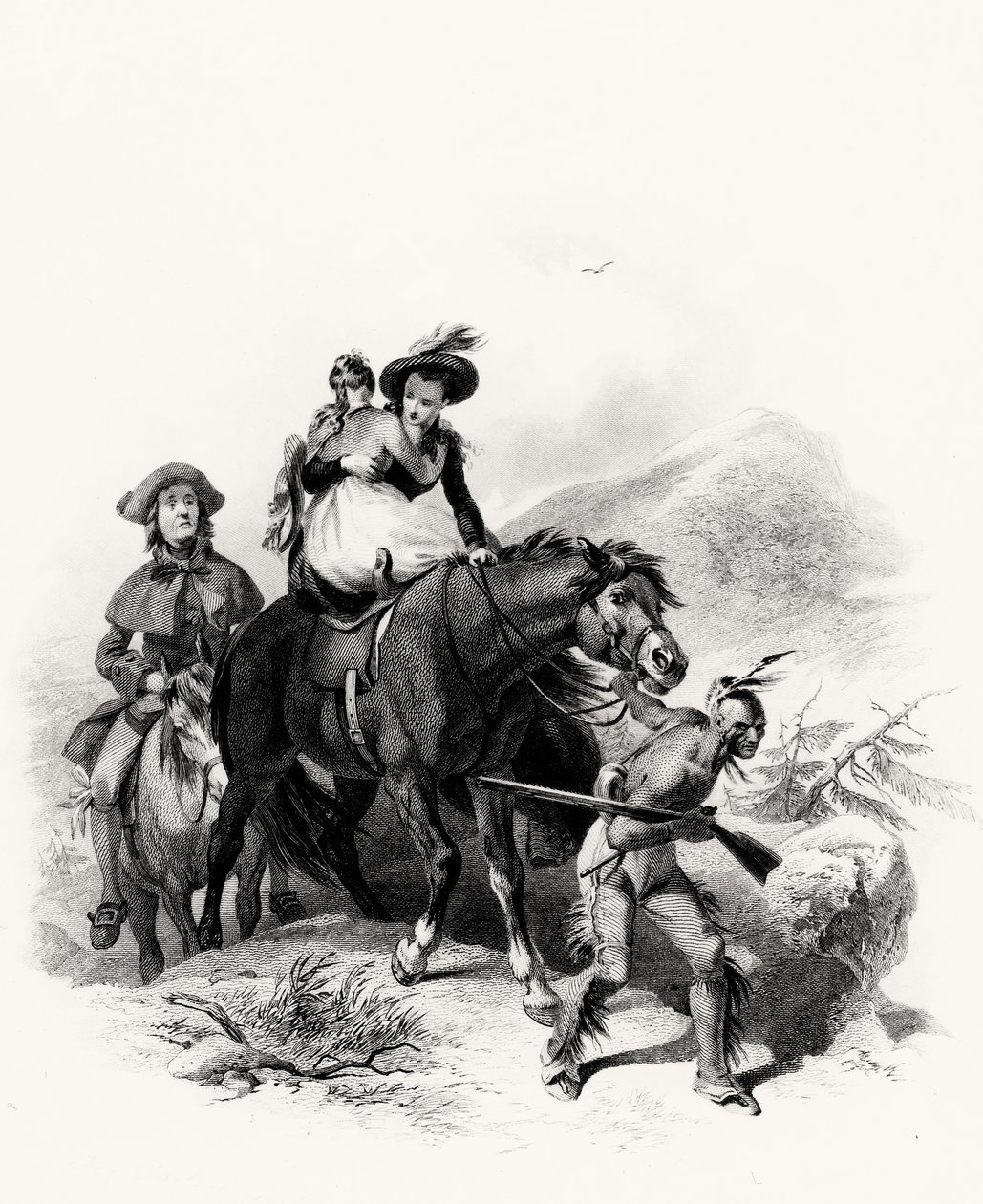Han placerede Alice derefter på samme hest med Cora, greb tøjlen og begyndte sin rute ved at kaste sig dybere ind i skoven, illustration fra Last of the Mohicans, af James Fennimore Cooper, 1826 af American School