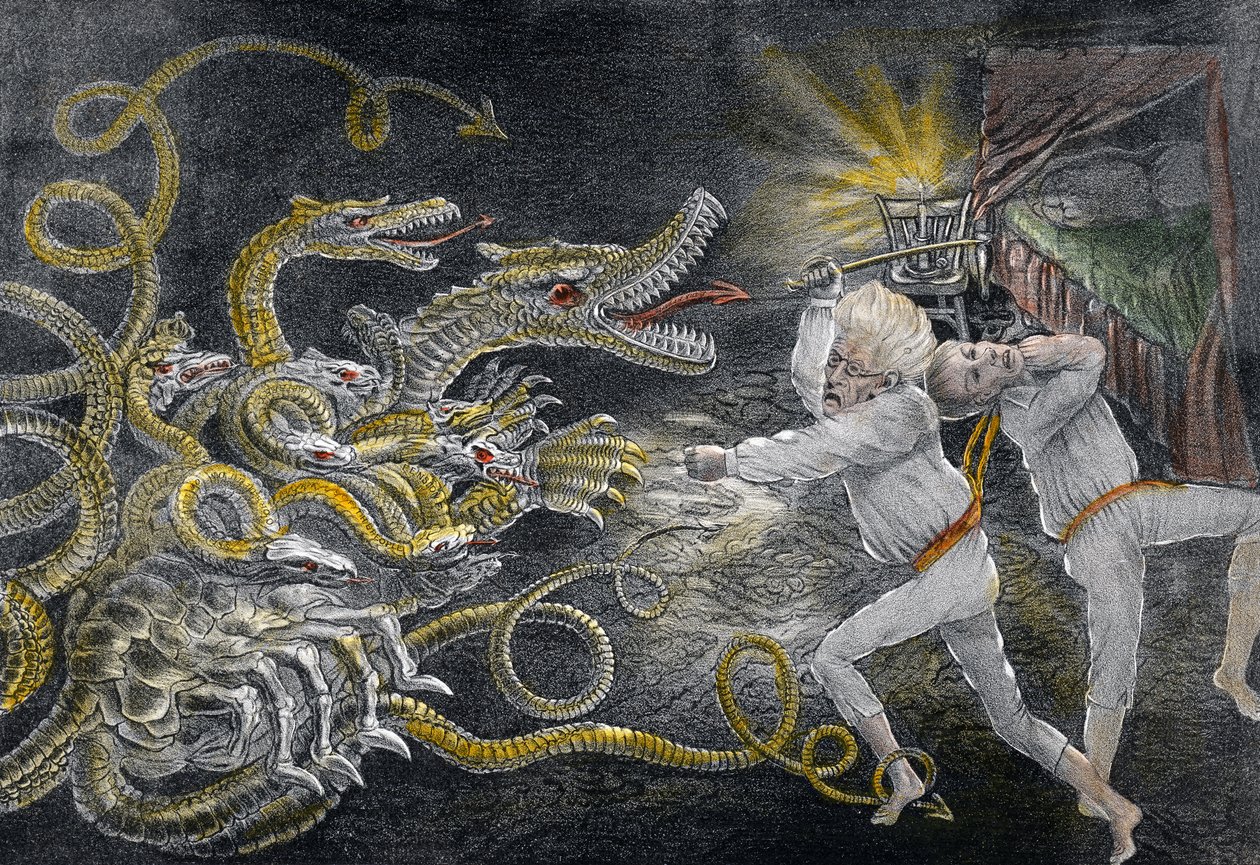 Political Quixotism shewing the Consequences of Sleeping in Patent Magic Spectacles, the Diplomatic Hercules, attacking the Political Hydra, pub. 1833 (håndkoloreret gravering) af American School