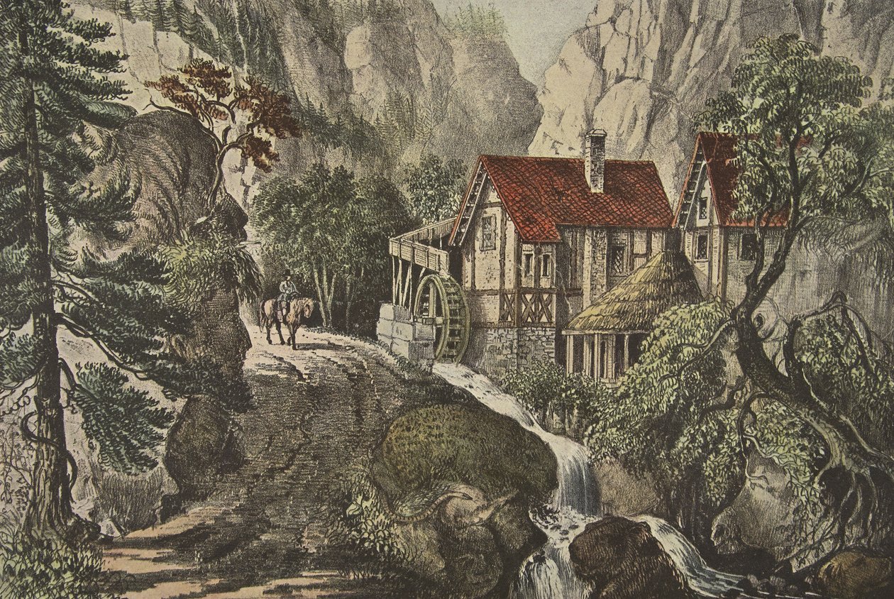 Puslespil billede - Old Swiss Mill, pub. 1872, Currier & Ives af American School