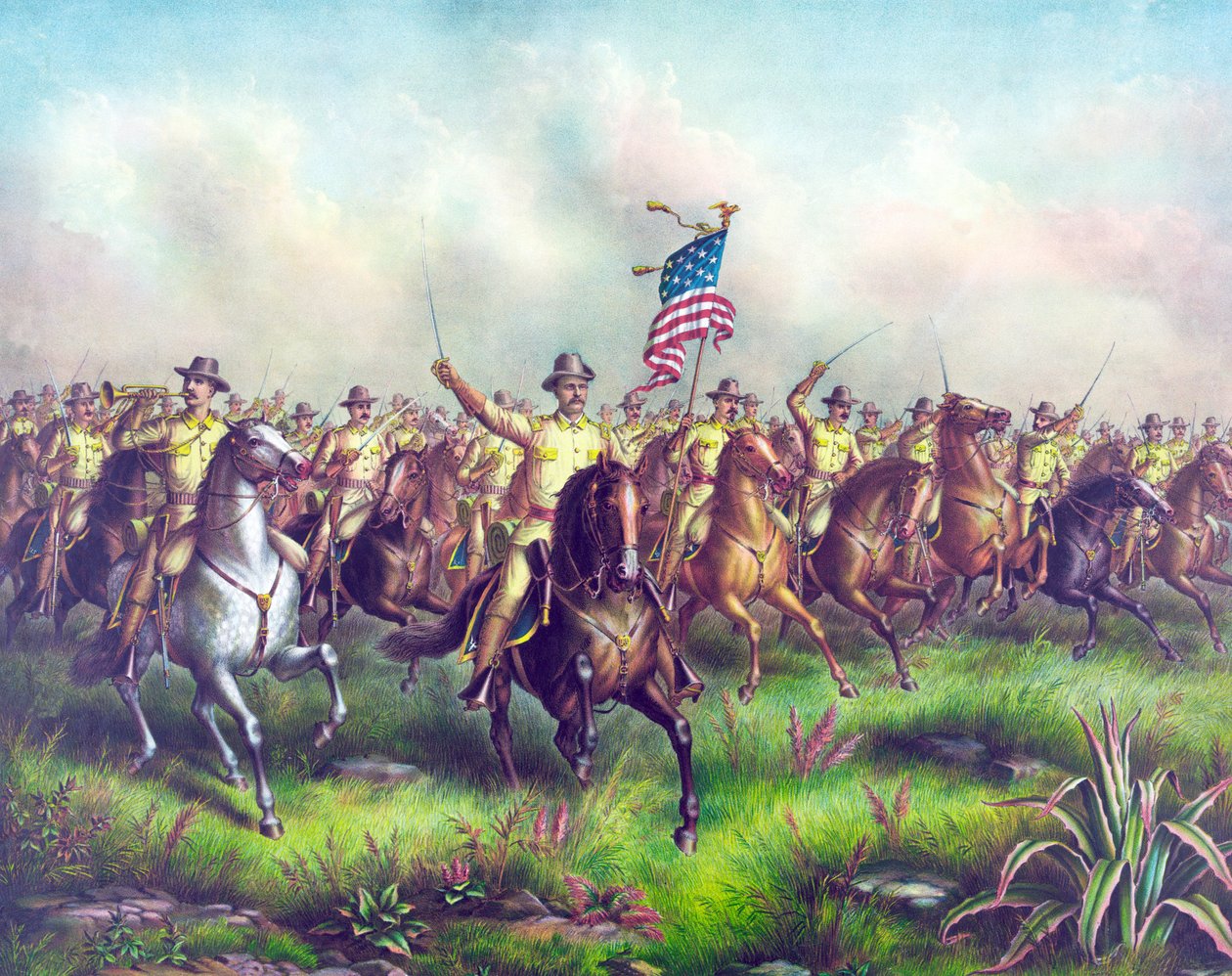 Rough-Riders, ledet af oberst Theodore Roosevelt, udgivet. 1898 (håndkoloreret gravering) af American School