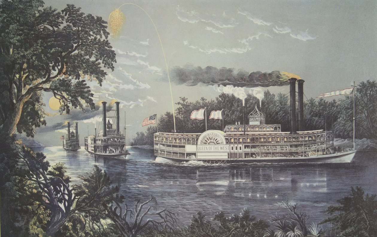 Rounding A Bend On The Mississippi, Steamboat Queen of the West, pub. 1866, Currier & Ives af American School