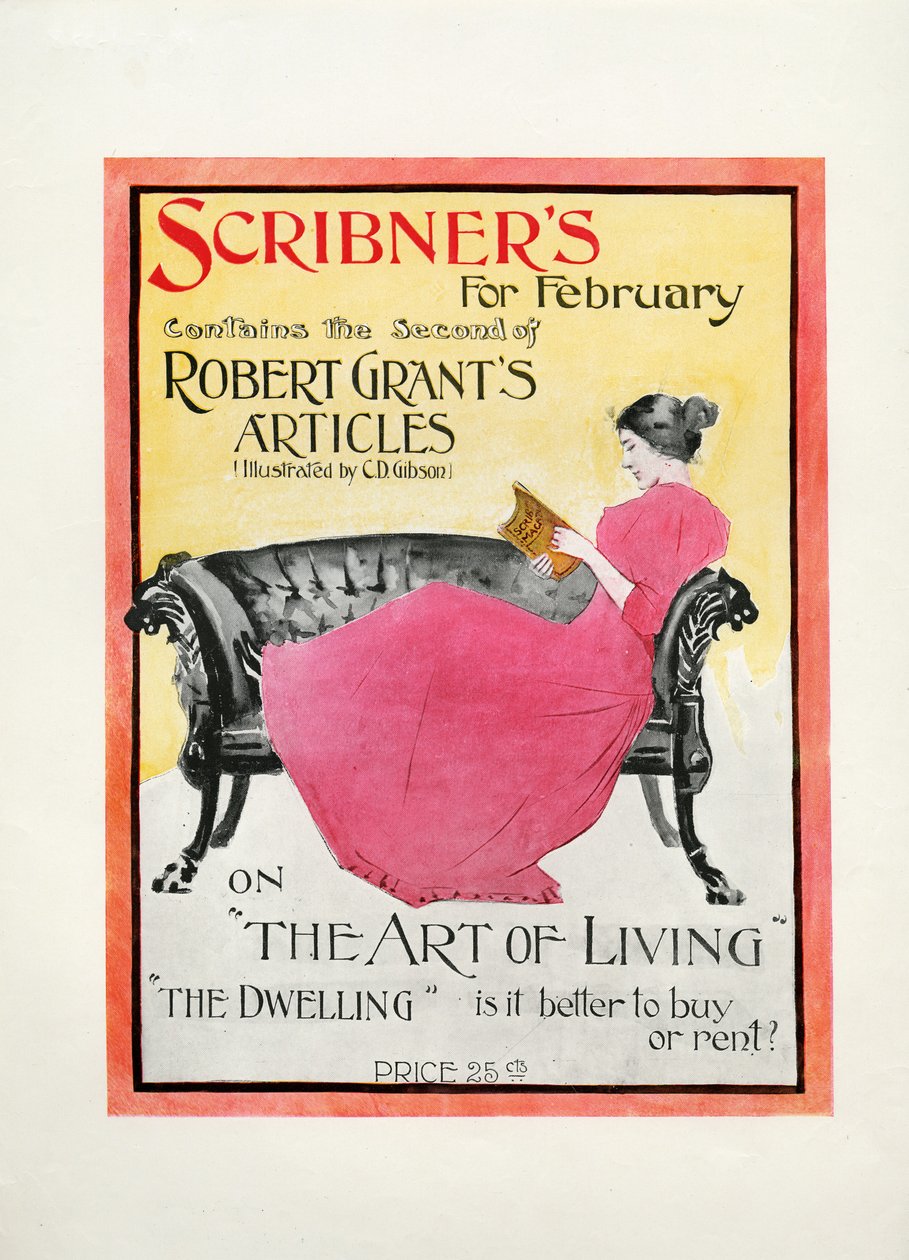 Scribners for februar 1895, indeholder den anden af Robert Grants-artikler illustreret af C.D. Gibson om The Art of Living, The Dwelling: er det bedre at købe eller leje?, 1895 (print) af American School