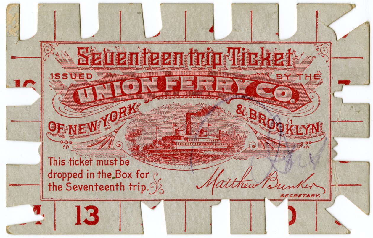 Sytten rejsebillet, udstedt af Union Ferry Co. i New York og Brooklyn af American School
