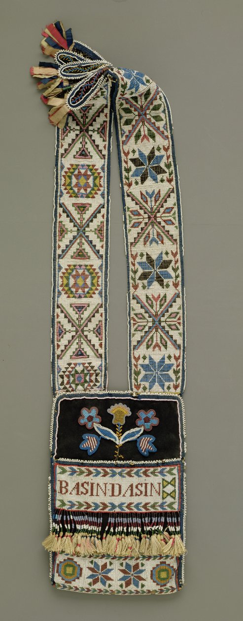 Skuldertaske, Chippewa, indianer, ca. 1850 (uld, garn, bomuld og tråd, silkebånd og glasperler) af American School