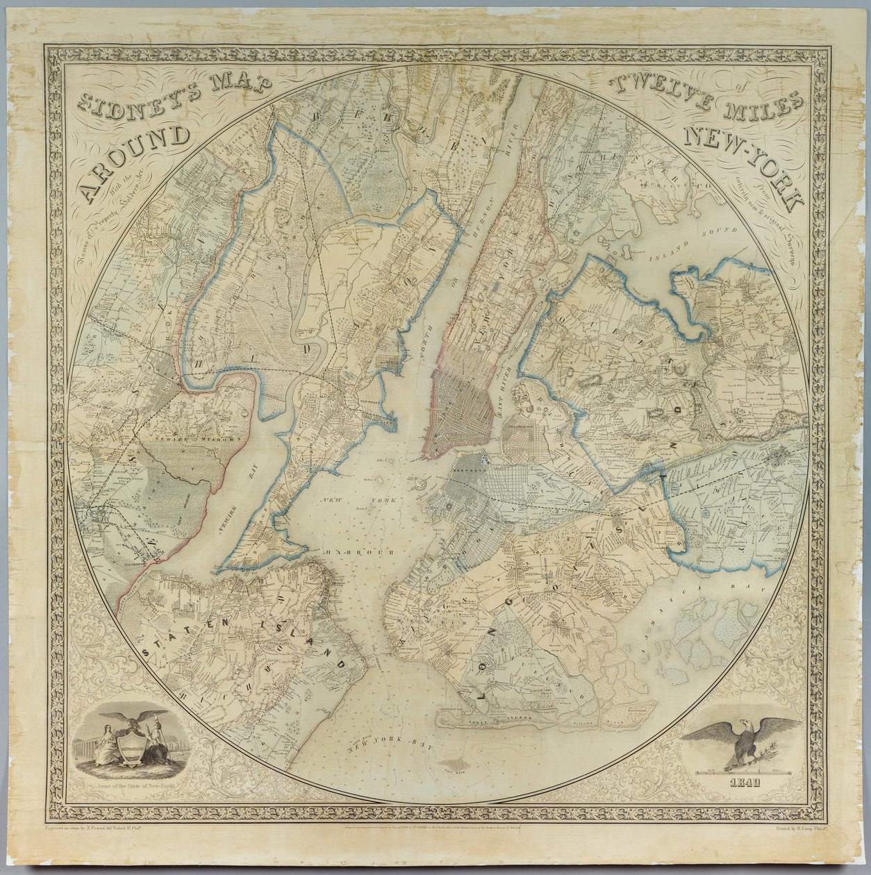 Sidneys Map Twelve Miles Around New York, litografi af Norman Friend (fl.1850-1871), trykt af John Henry Camp (1822-1881), 1849 (chromolitografi) af American School