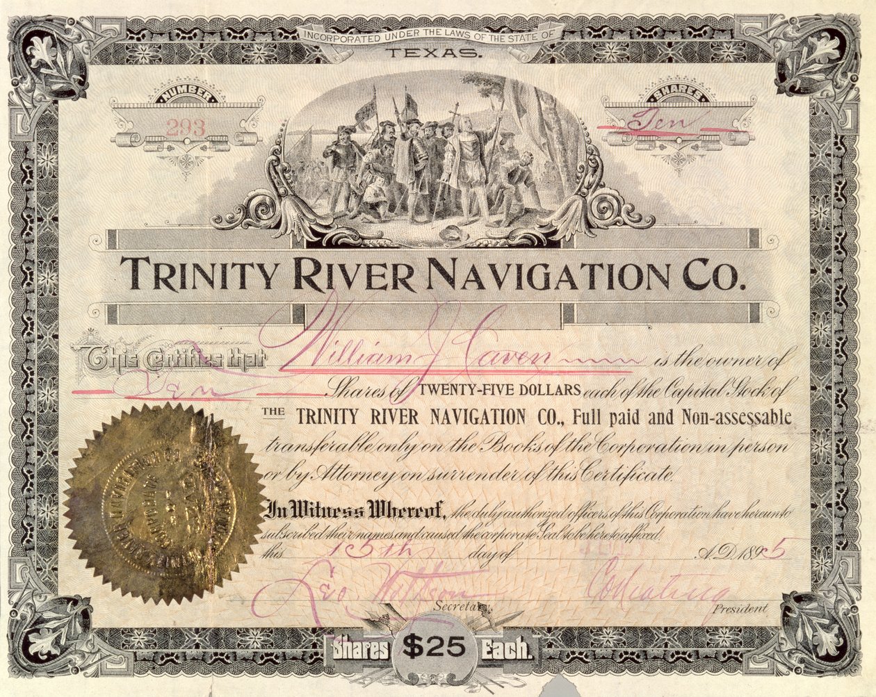 Aktieandel for Trinity River Navigation Co., 1895 af American School