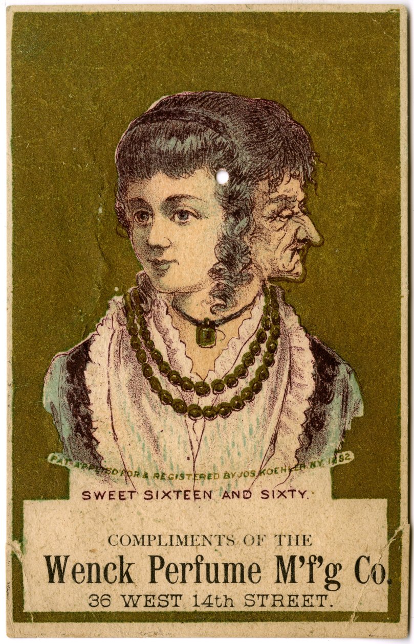 Sweet Sixteen and Sixty, Compliments of the Wenck Perfume Mfg Co., 36 West 14th Street., 1882 (farve litho [varekort] af American School