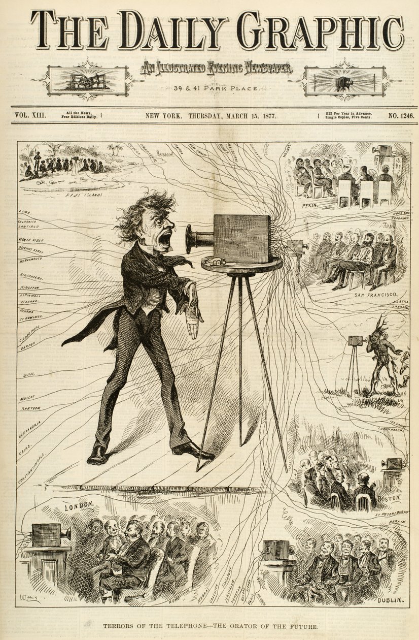 Terrors of the Telephone, illustration fra The Daily Graphic, 15. marts 1877 af American School