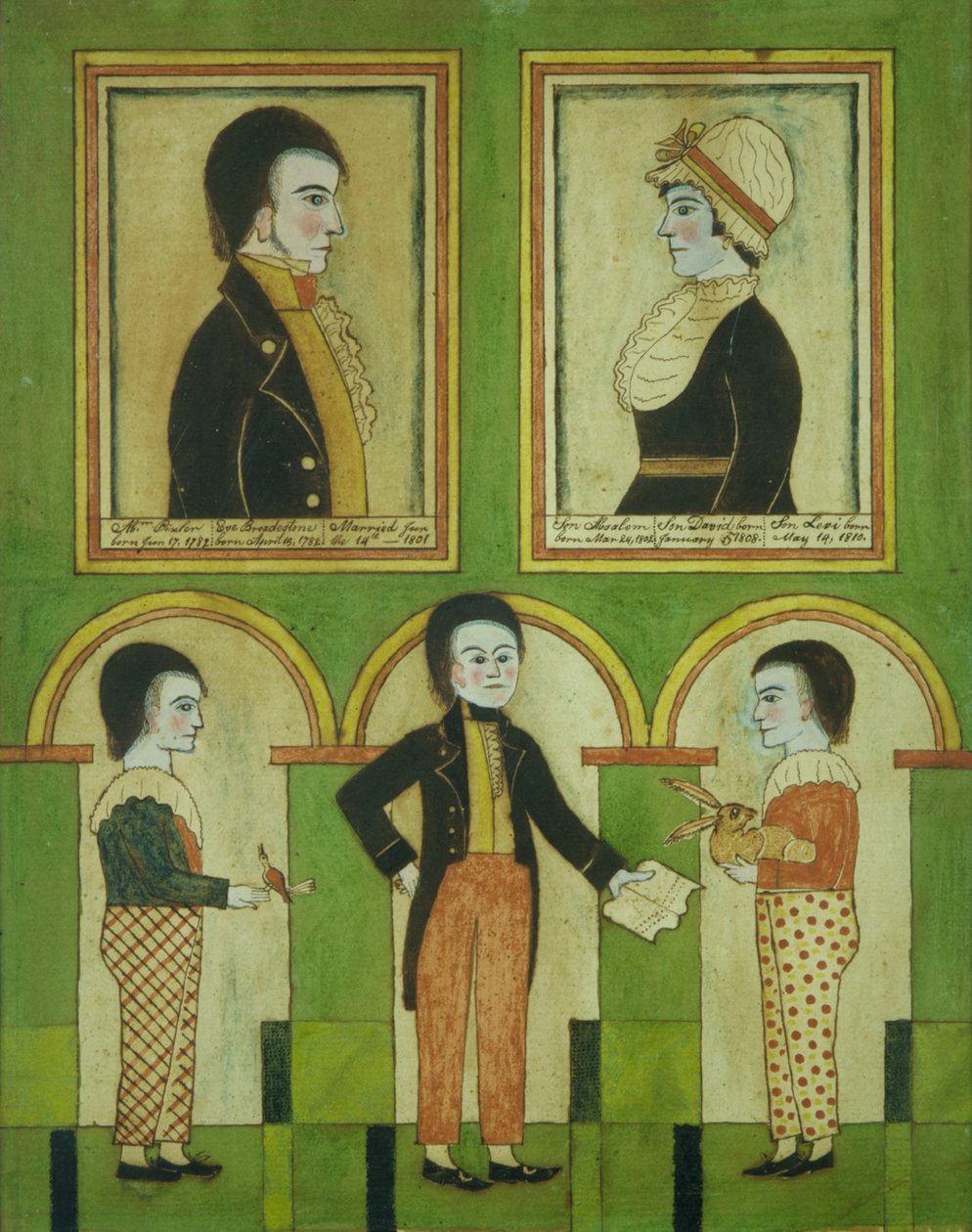 The Abraham Pixler Family, ca. 1815 (wc, pen, blæk og gouache på papir) af American School